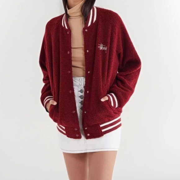 STUSSY Women’s Micah Varsity Bomber Jacket Size Small Wine Red Sherpa Snap - Picture 15 of 15